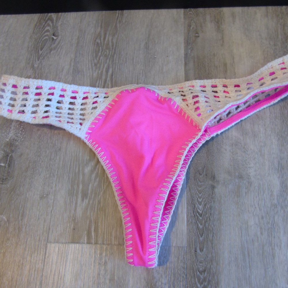 Pink And Boho Mesh Victoria's Secret Thong Bikini Bottom Size Large